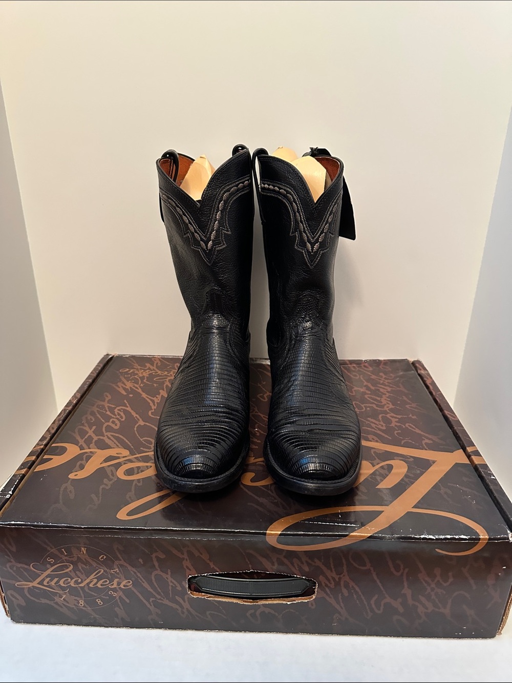 Lucchese 1883 Collection Black Goat and Lizard Skin Leather Boot - Very Rare